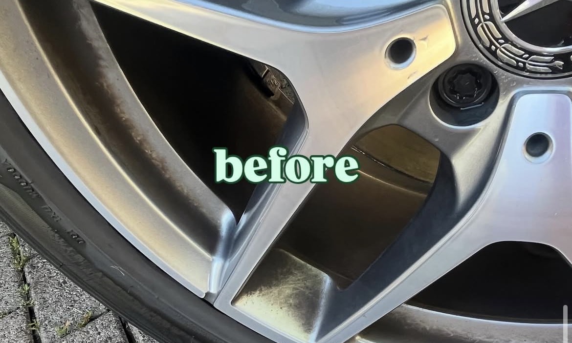 Wheel covered in brake dust before detailing
